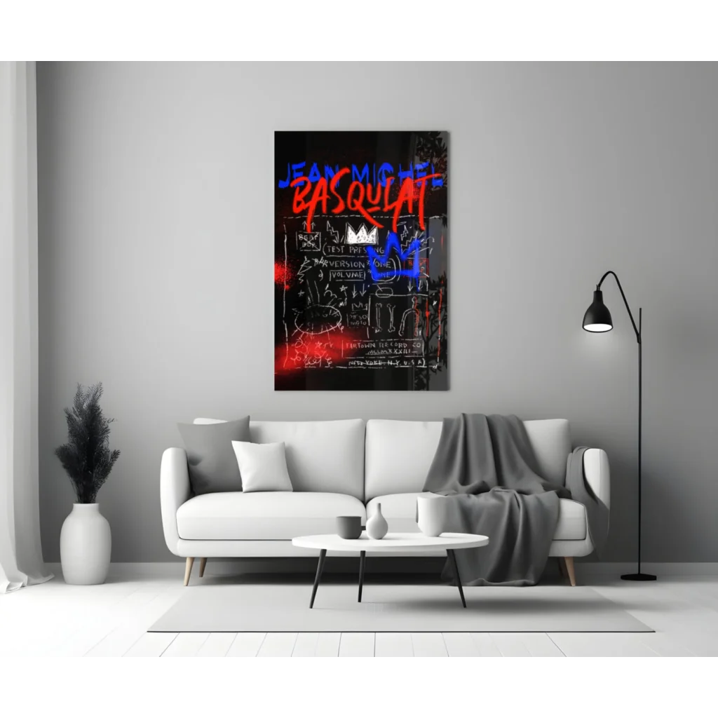Vibrant Basquiat graffiti glass wall art canvas print in red blue on dark background