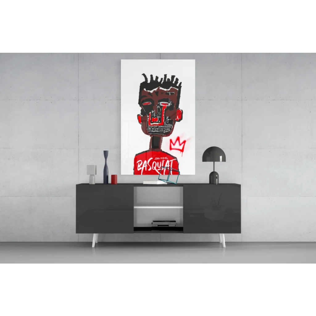 Basquiat Crown Graffiti glass wall art print on canvas above console