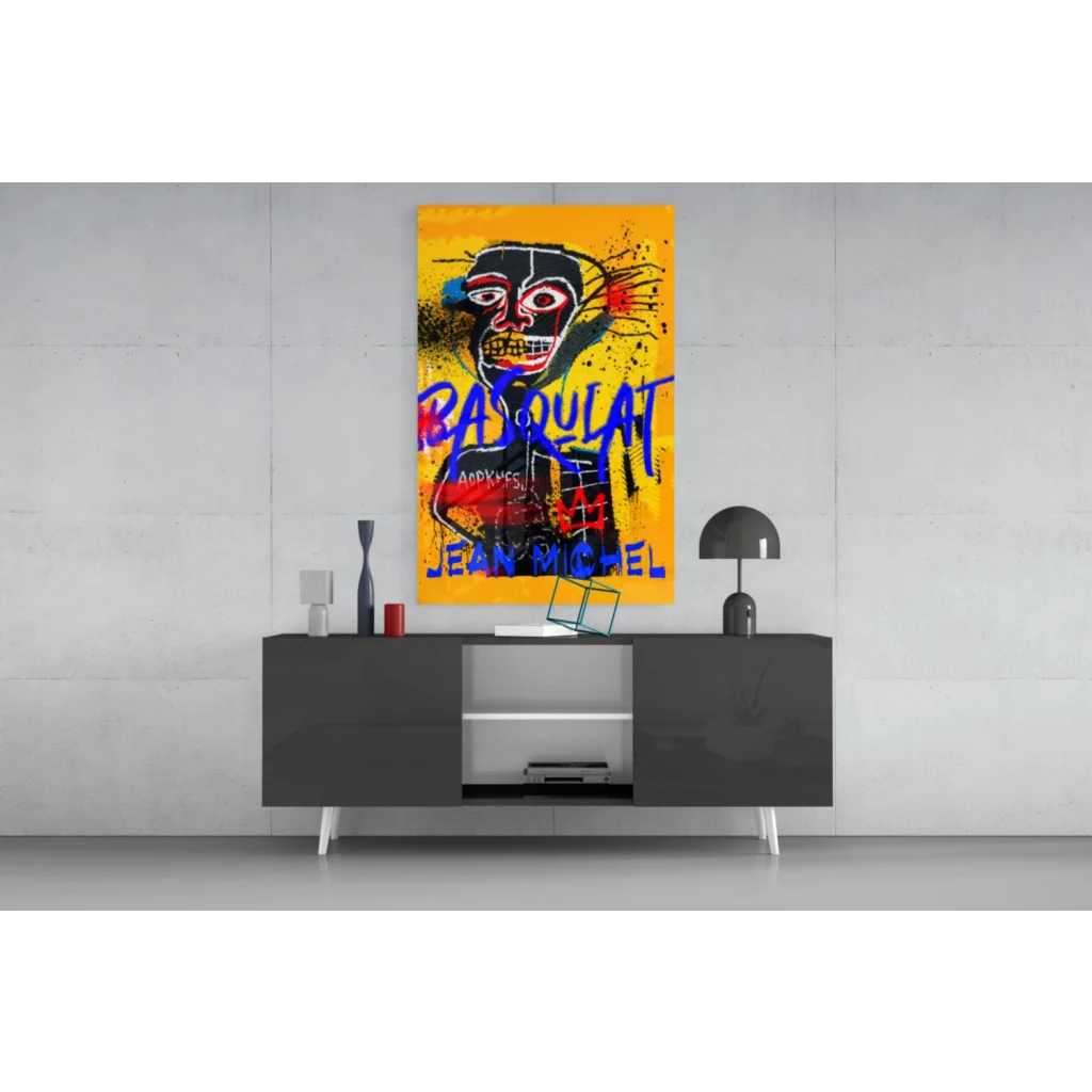 Vibrant Basquiat graffiti glass wall art in electric yellow