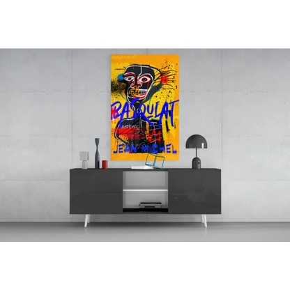 Vibrant Basquiat graffiti glass wall art in electric yellow