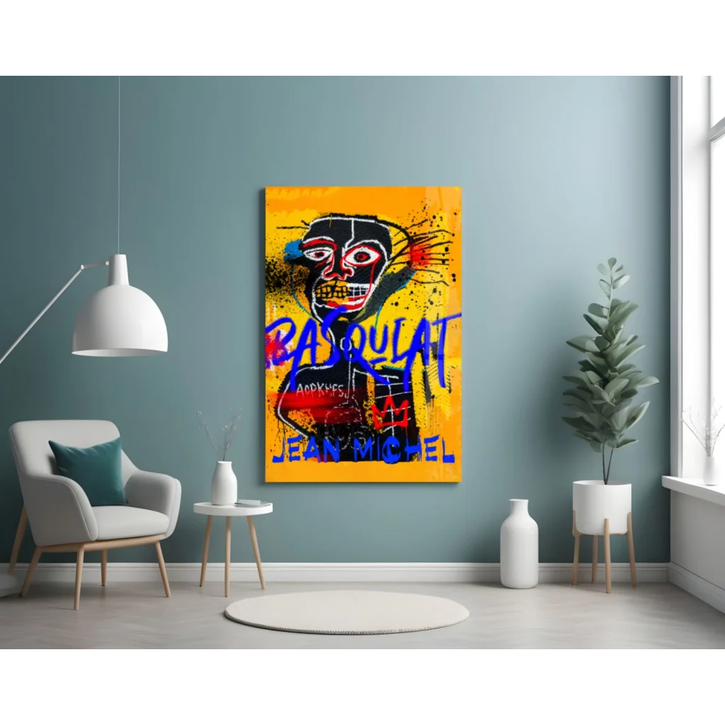 Basquiat graffiti glass wall art in electric yellow with bold face