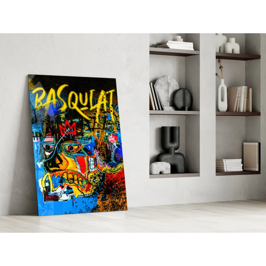 Vibrant Basquiat-style graffiti wall art canvas print with bold yellow lettering and abstract face