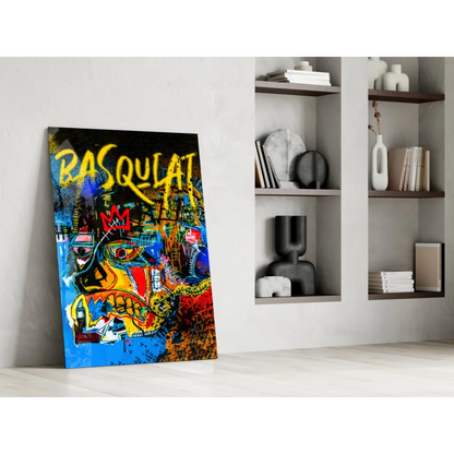 Vibrant Basquiat-style graffiti wall art canvas print with bold yellow lettering and abstract face