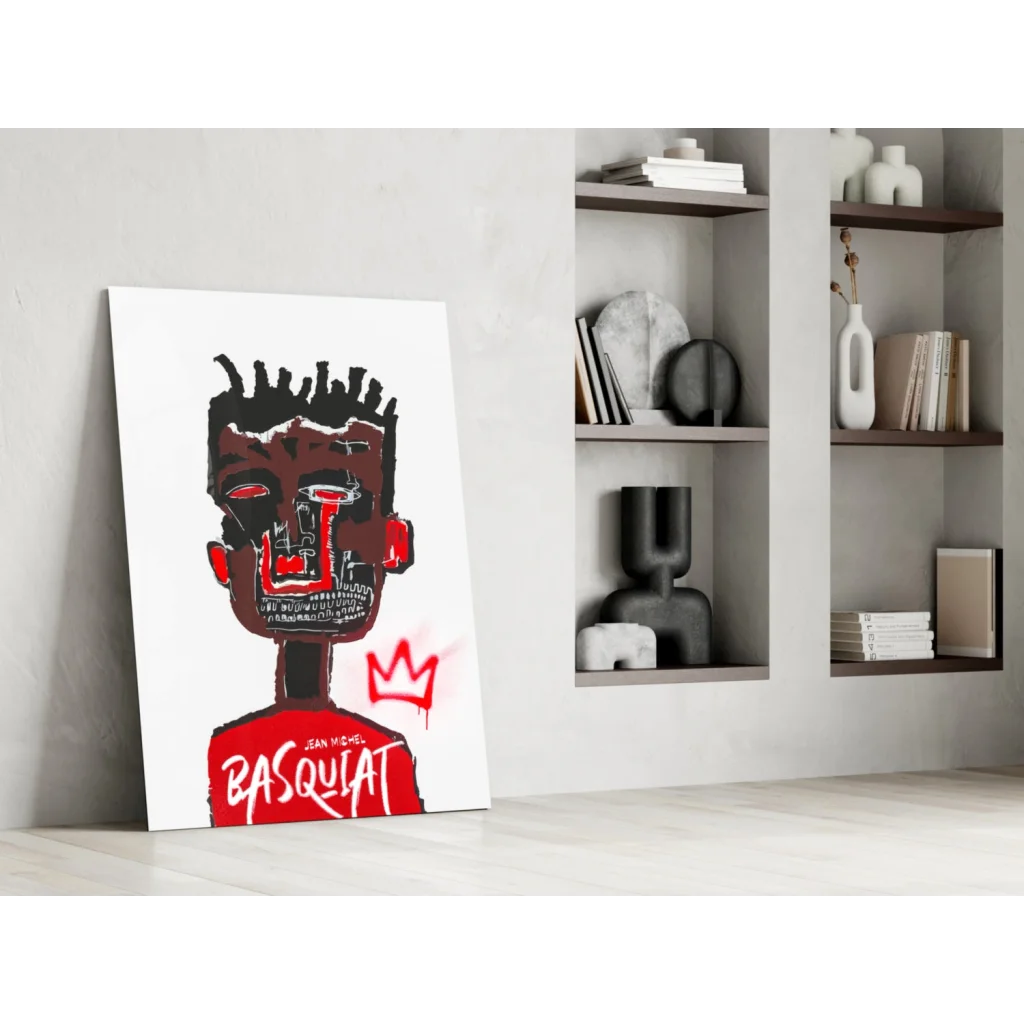 Bold Basquiat crown graffiti glass wall art print