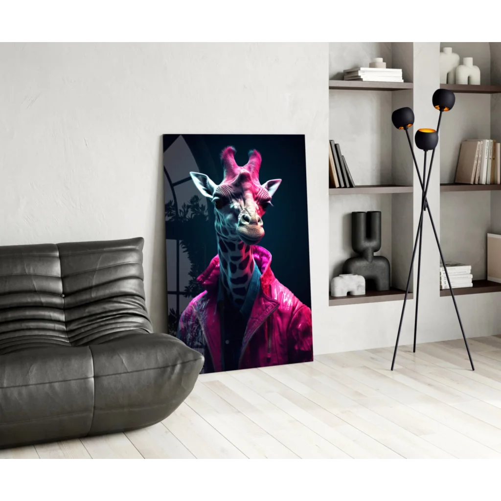 Vibrant neon pink teal giraffe in pink jacket glass wall art canvas