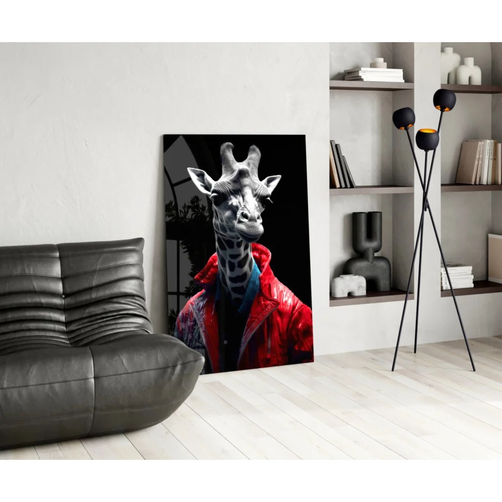 Striking black-and-white giraffe in red jacket canvas wall art print