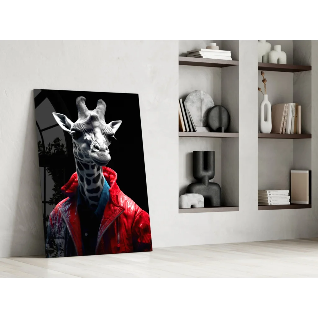 Giraffe in red leather jacket canvas wall art print