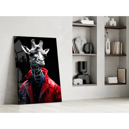 Giraffe in red leather jacket canvas wall art print