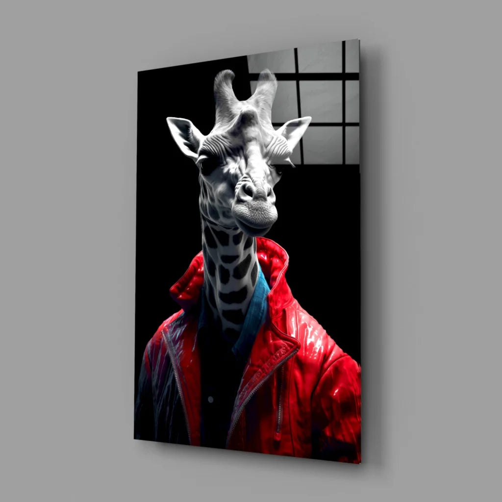 Dapper Giraffe Canvas Wall Art in Bold Red Jacket | Glass Wall Art Print | vintageantiquesgifts.com