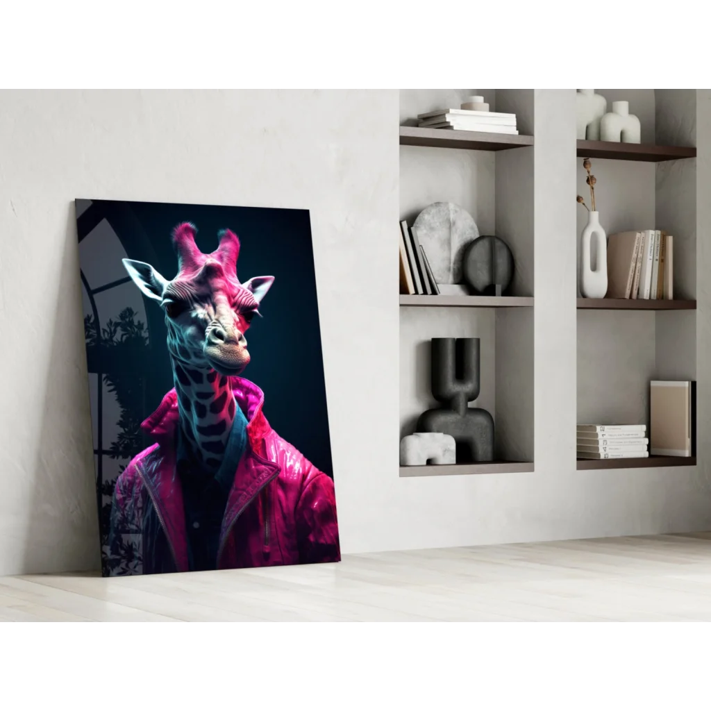 Vibrant neon giraffe in pink jacket glass wall art canvas print