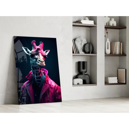 Vibrant neon giraffe in pink jacket glass wall art canvas print