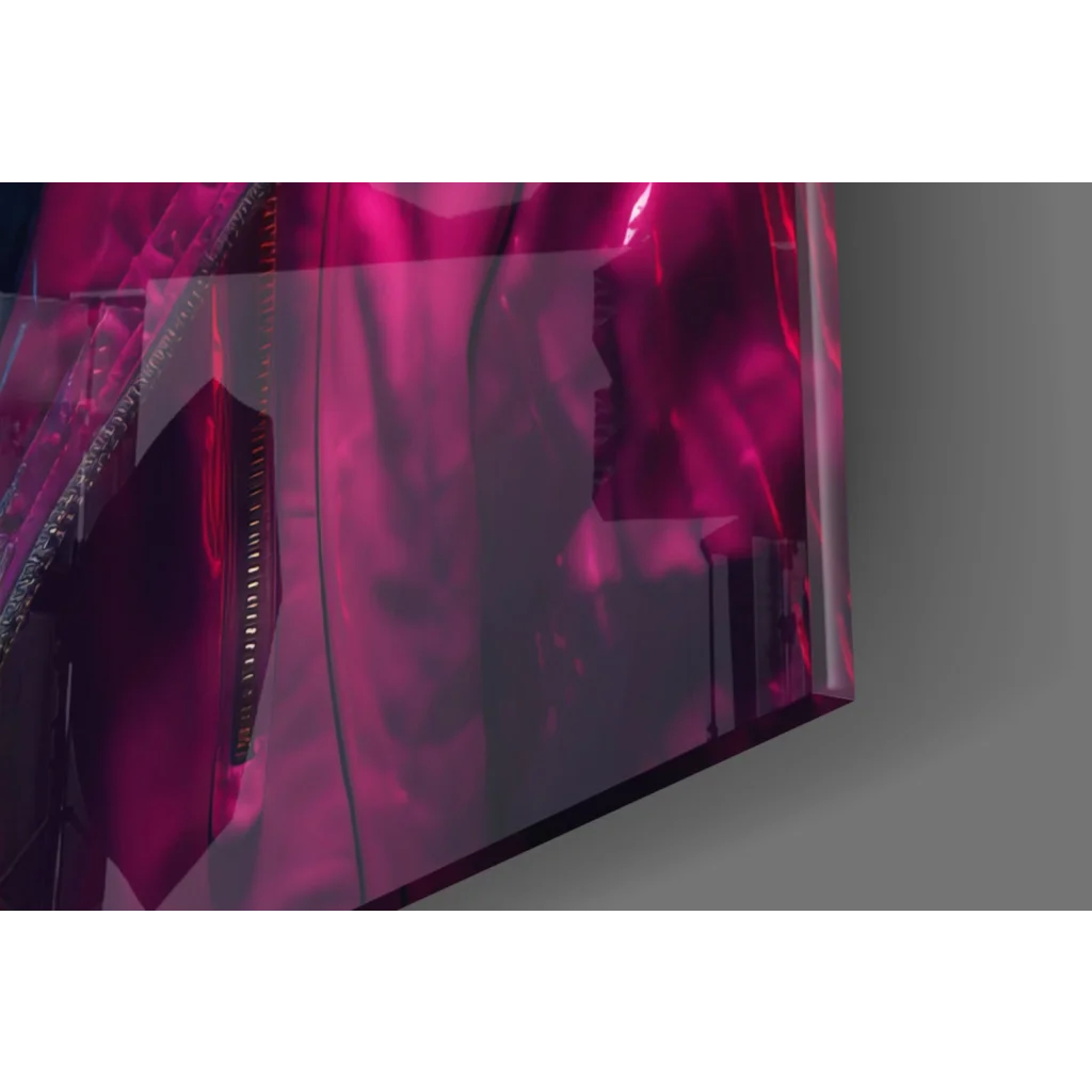 Vibrant fuchsia giraffe in pink jacket glass wall art with translucent zipper case