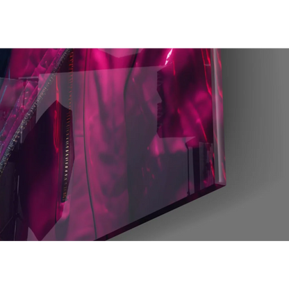 Vibrant fuchsia giraffe in pink jacket glass wall art with translucent zipper case