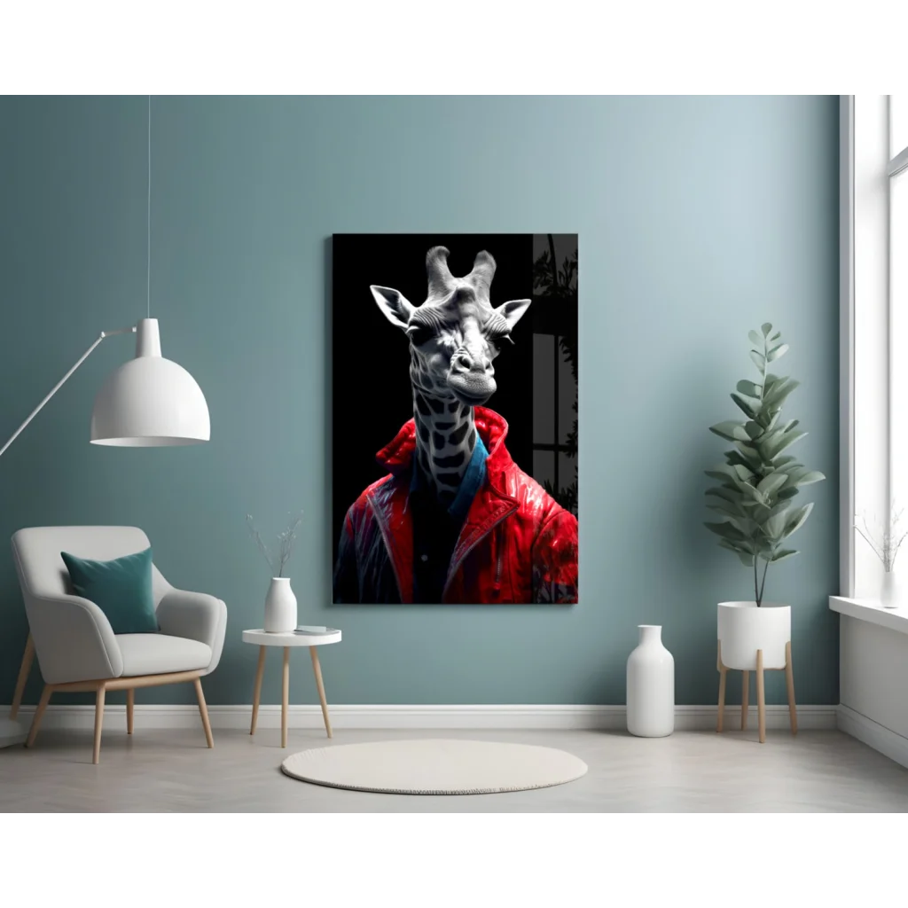 Dapper Giraffe Canvas Wall Art in Bold Red Jacket | Contemporary Home Wall Art | vintageantiquesgifts.com