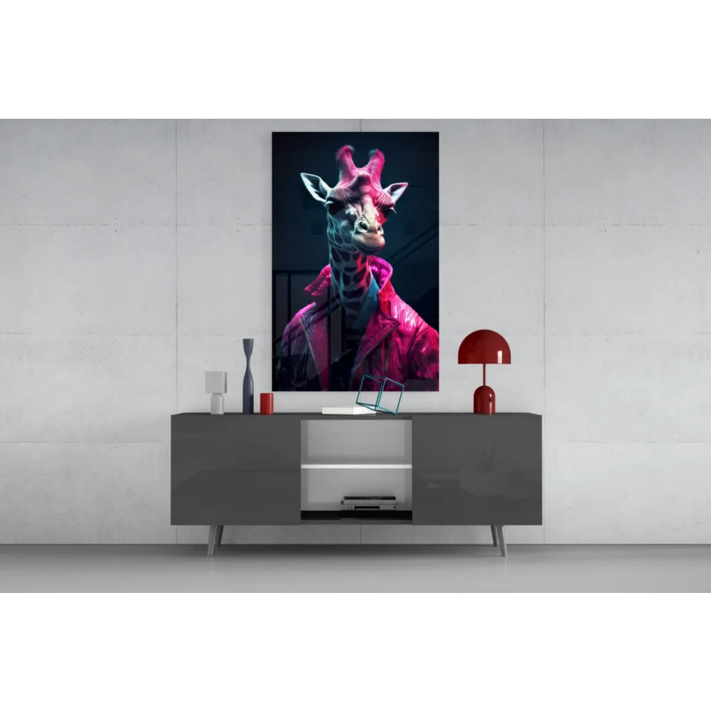 Vibrant neon giraffe in pink jacket glass wall art canvas print