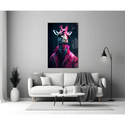 Neon giraffe in pink jacket glass wall art canvas portrait
