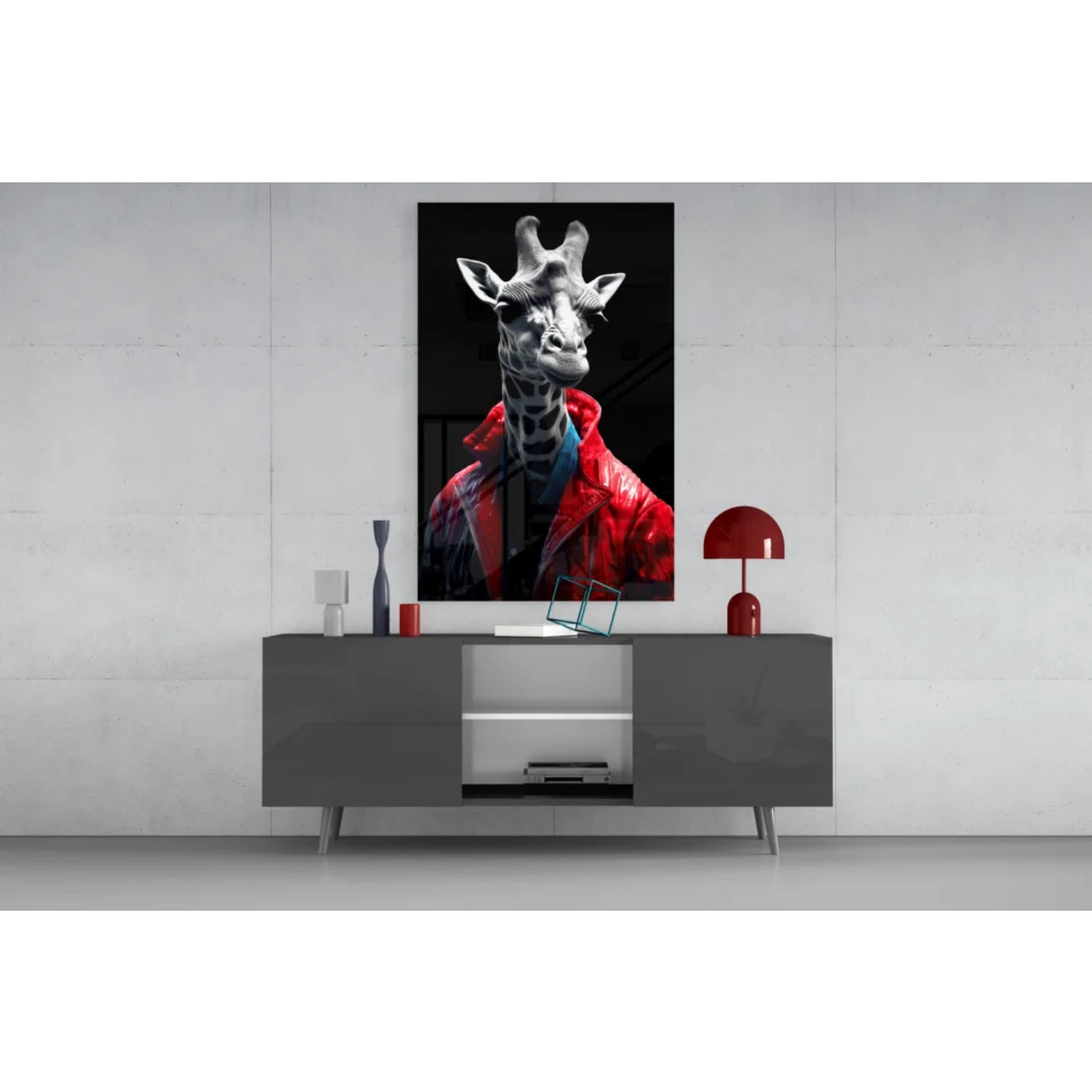 Giraffe in red jacket black-and-white canvas wall art print