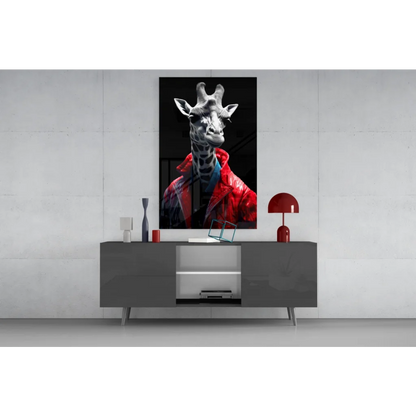 Giraffe in red jacket black-and-white canvas wall art print