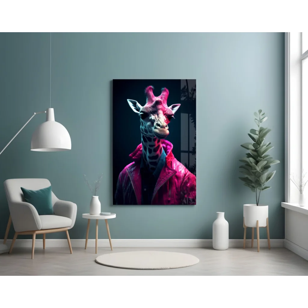 Vibrant neon giraffe in pink jacket glass wall art canvas portrait