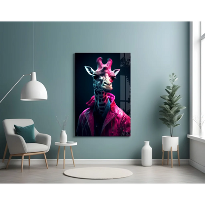 Vibrant neon giraffe in pink jacket glass wall art canvas portrait