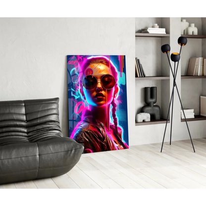 Vibrant neon-pink blue cyberpunk woman glass wall art canvas print