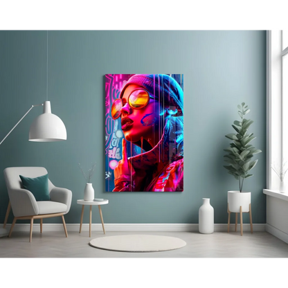 Vibrant neon graffiti portrait wall art of woman in reflective sunglasses
