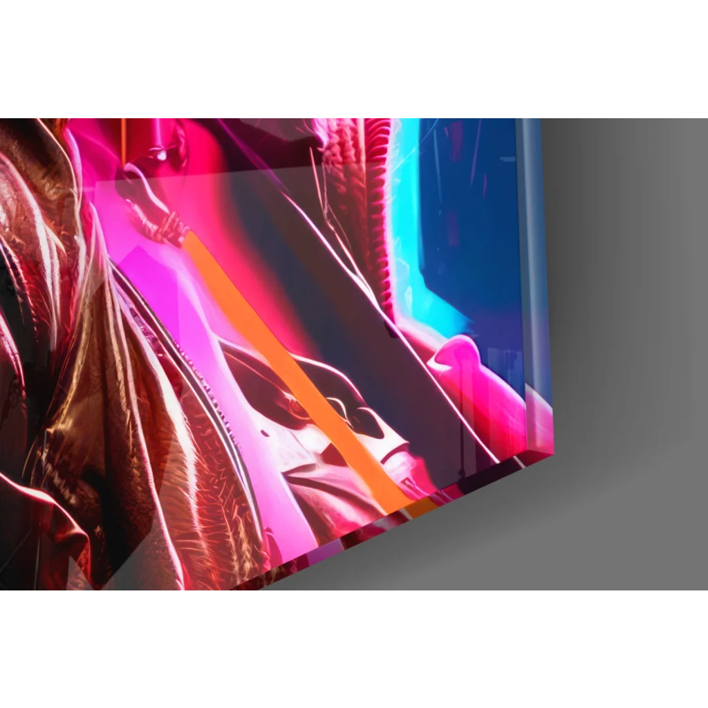 Neon cyberpunk woman glass wall art with vibrant pink blue sci-fi glow