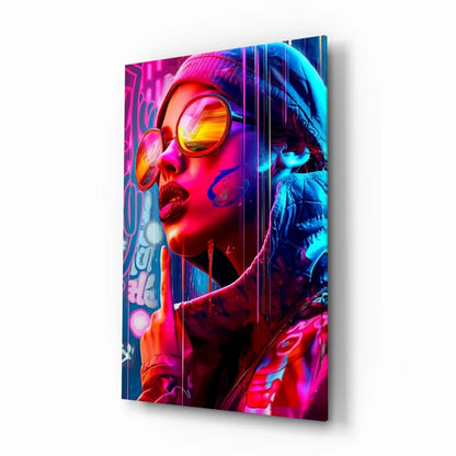 Vibrant neon graffiti wall art portrait of woman in reflective orange sunglasses