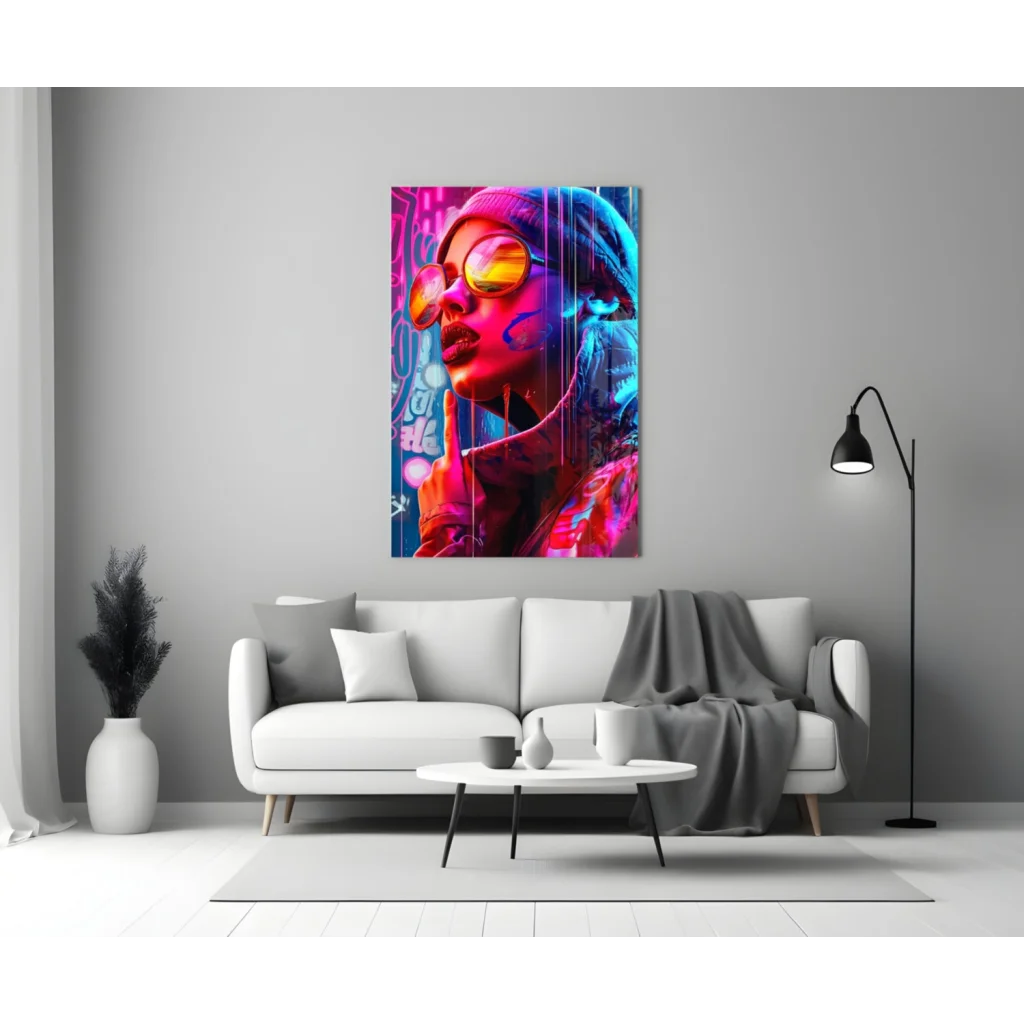 Vibrant neon graffiti portrait wall art of woman in reflective sunglasses