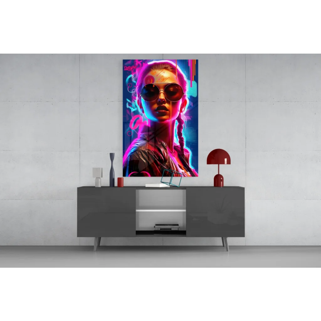 Vibrant neon cyberpunk woman glass wall art portrait with glowing pink blue accents