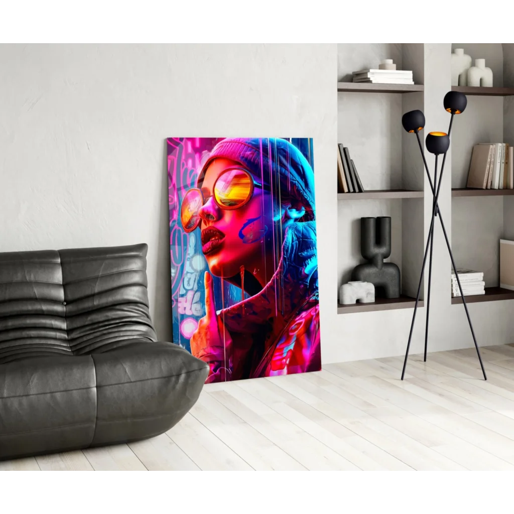 Vibrant neon graffiti portrait wall art of woman in reflective orange sunglasses