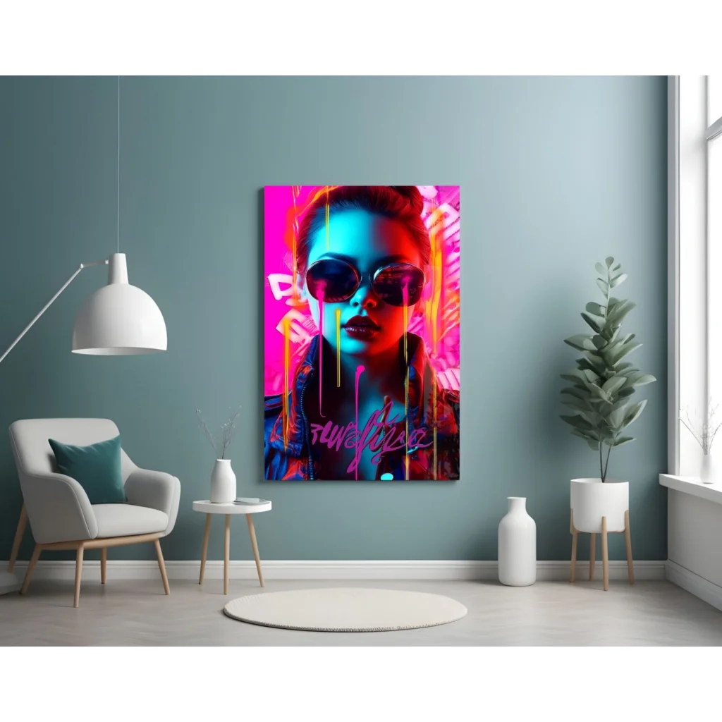 Vibrant neon pink graffiti woman glass wall art canvas print