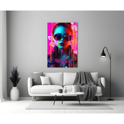 Vibrant neon pink graffiti woman glass wall art canvas print