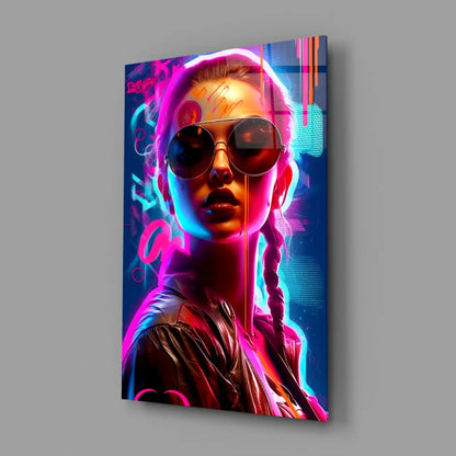 Neon cyberpunk woman in aviator shades on glossy glass wall art