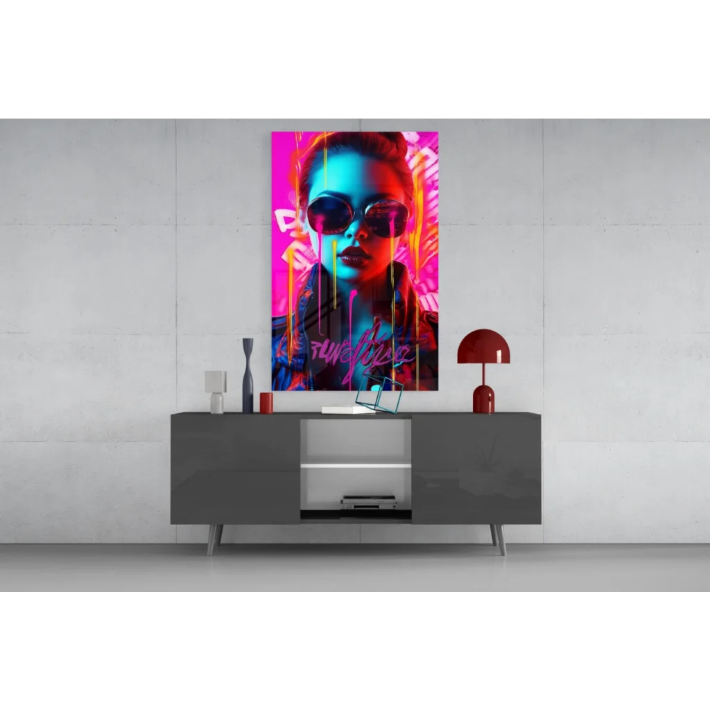 Vibrant neon pink graffiti woman glass wall art canvas print