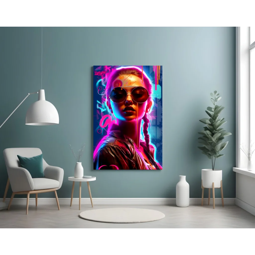 Vibrant neon-pink cyberpunk woman glass wall art canvas print
