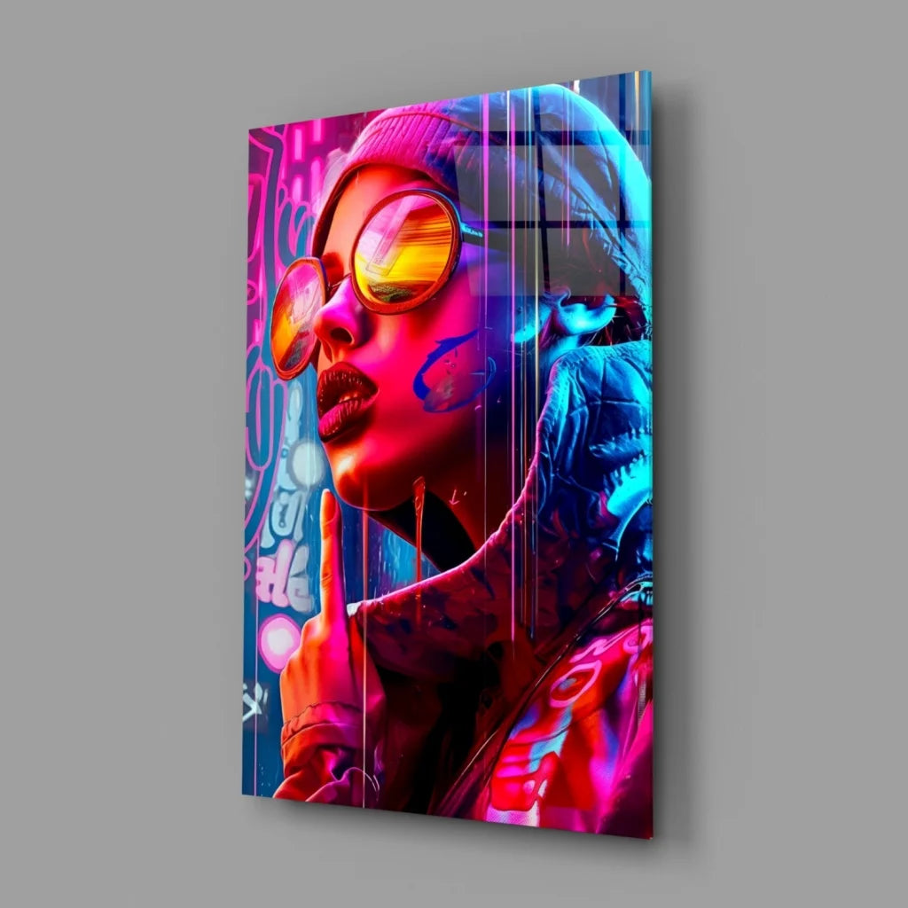 Vibrant neon graffiti wall art portrait with reflective orange sunglasses