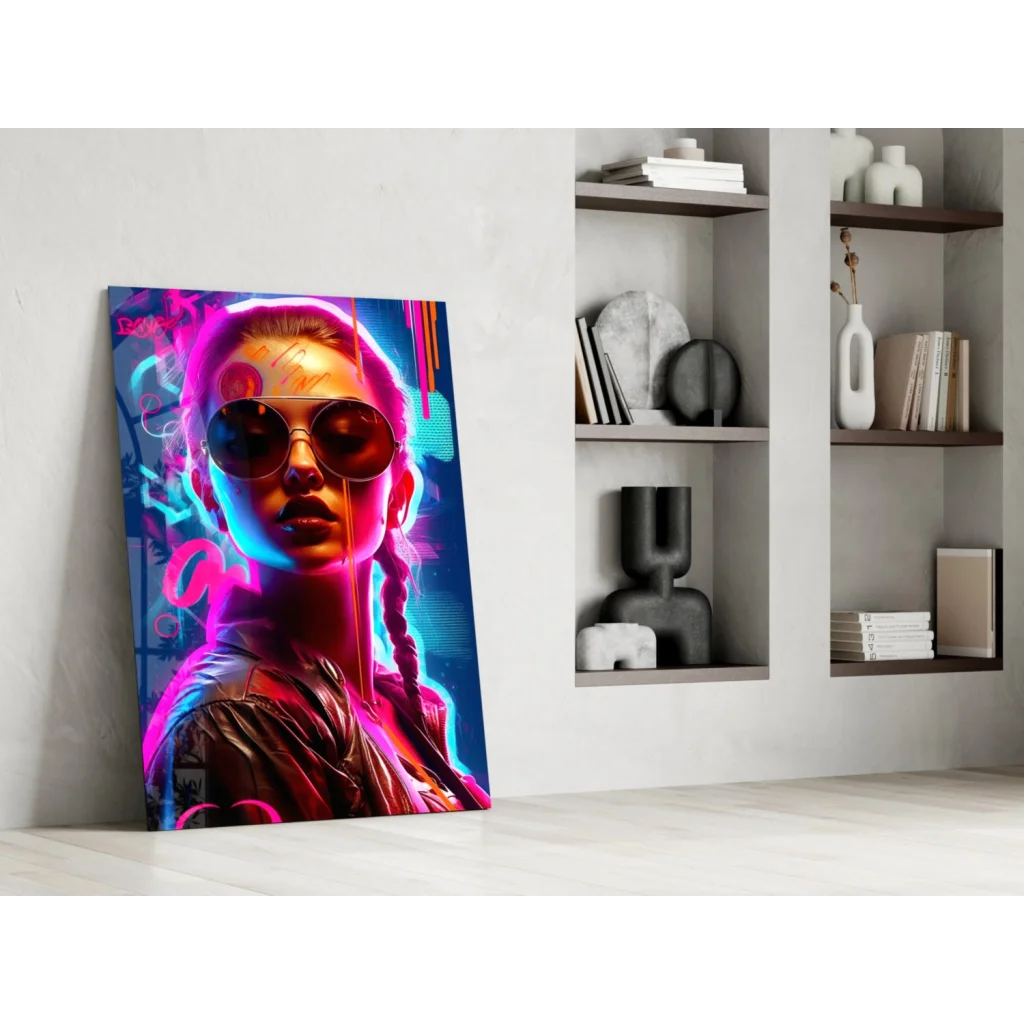 Vibrant neon cyberpunk woman glass wall art canvas print