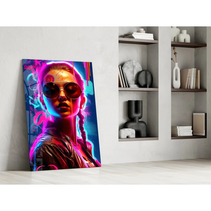 Vibrant neon cyberpunk woman glass wall art canvas print