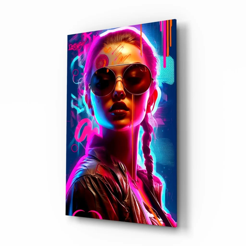Vibrant neon cyberpunk woman glass wall art portrait with aviator shades