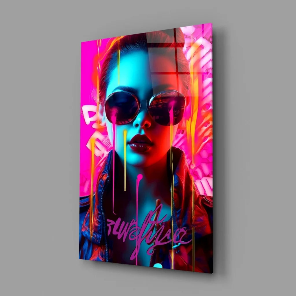Vibrant neon pink graffiti woman on glass wall art canvas print