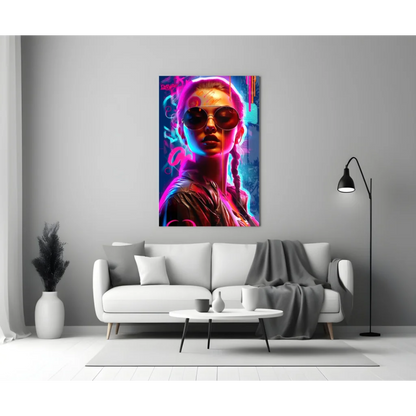 Stylized neon cyberpunk woman on vibrant pink blue glass wall art canvas