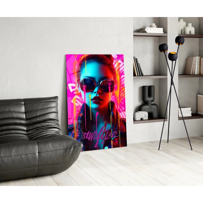 Vibrant neon pink graffiti woman glass wall art canvas print