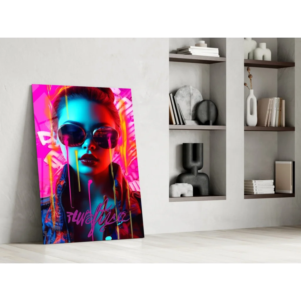 Vibrant neon pink cyan graffiti woman glass wall art canvas print