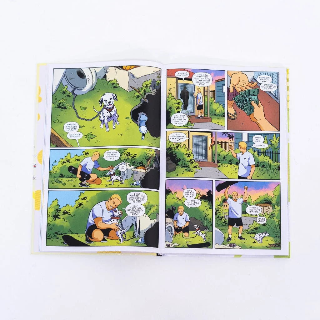 Open comic book with colorful illustrations from Sublime Graphic Novel Deluxe Edition by Opie Ortiz featuring Hayden Sherman and Logan Faerber