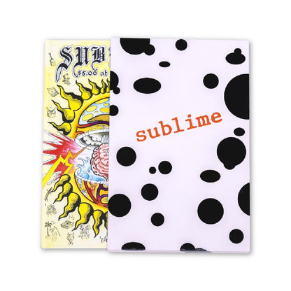 Sublime themed notebooks with sun and brain graphic by Opie Ortiz and black spots design