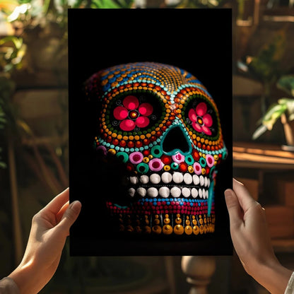 Vibrant beaded sugar skull on insigne aluminum prints with pink flowers