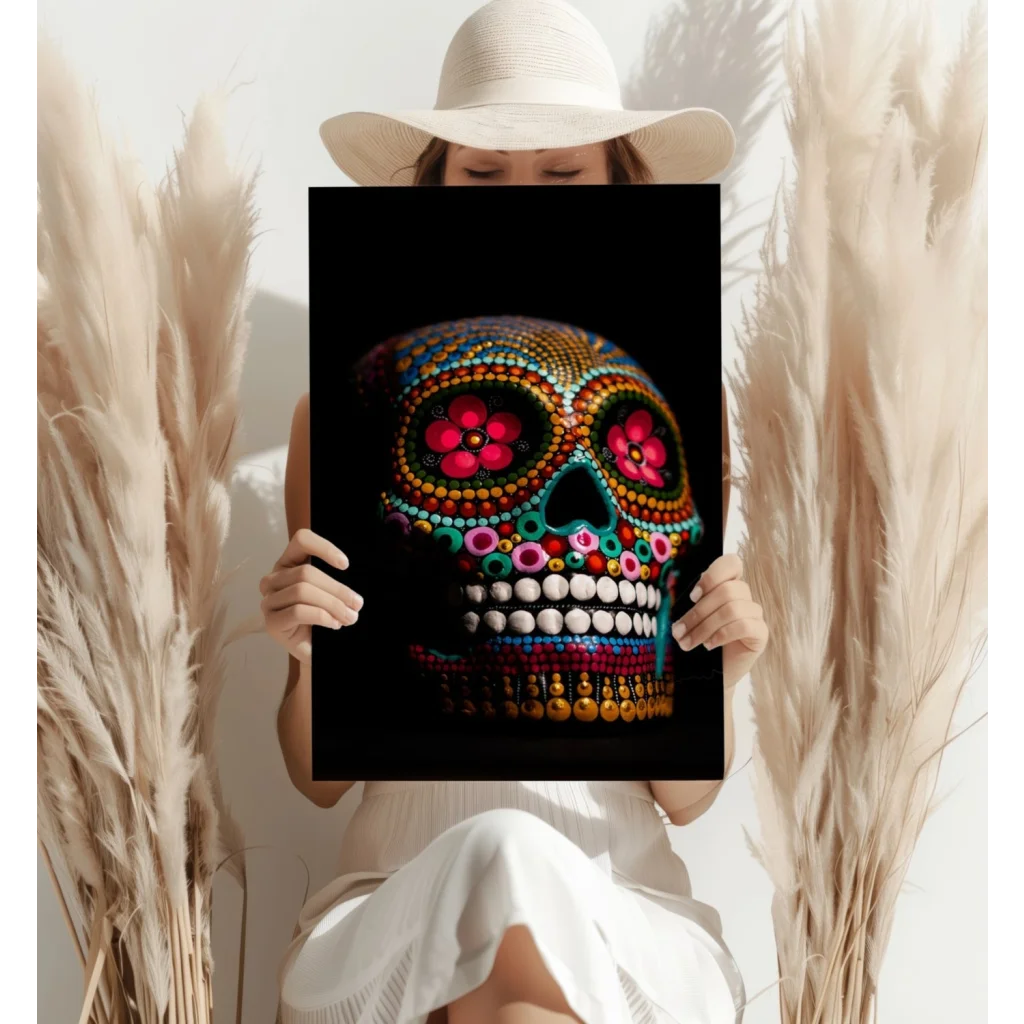 Vibrant beaded sugar skull on insigne aluminum prints with pink flowers