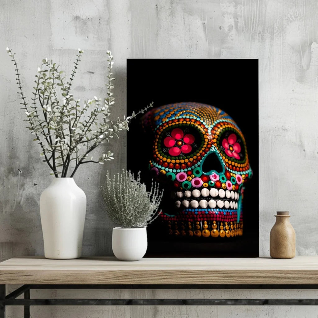 Vibrant beaded sugar skull on insigne aluminum prints with pink flowers