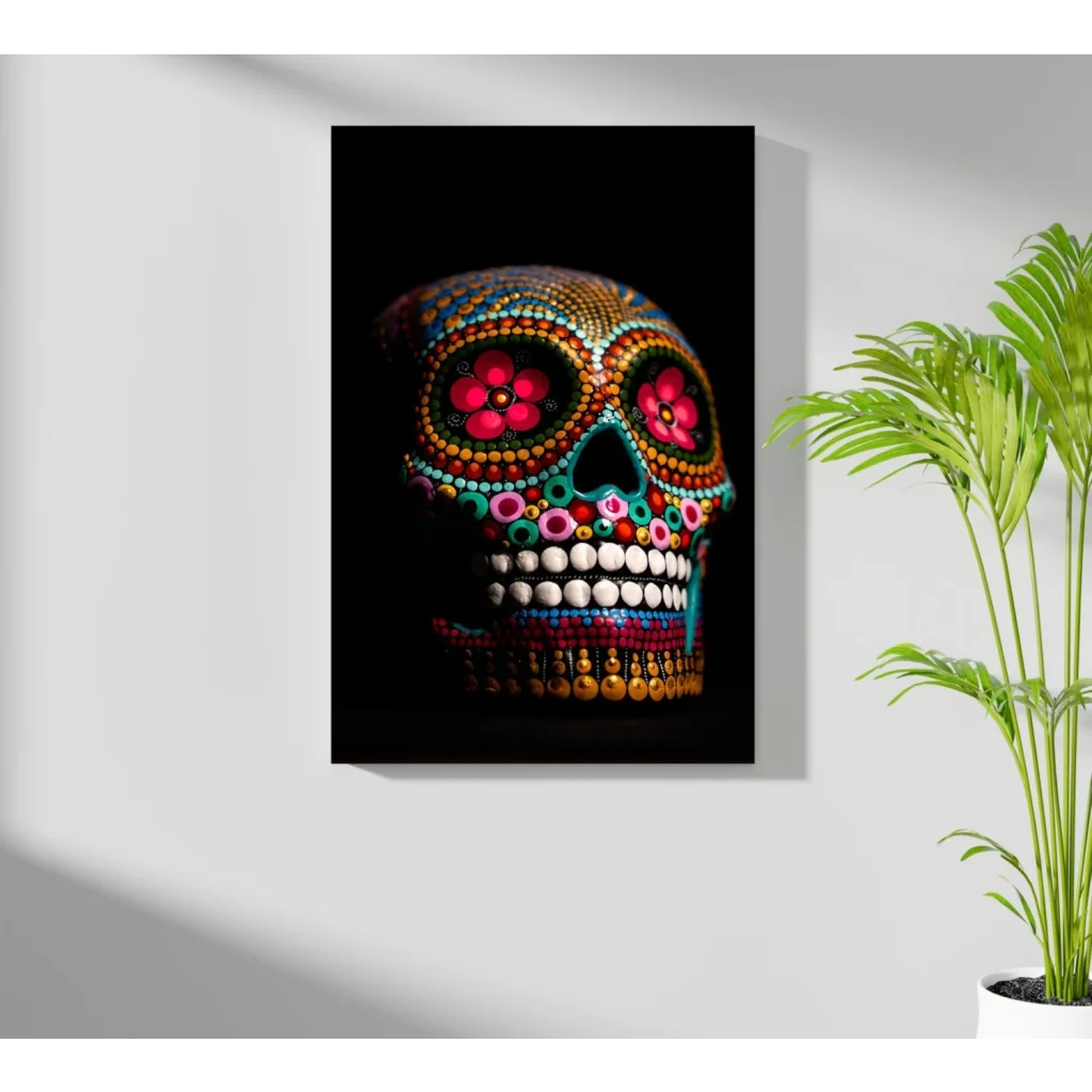 Vibrant beaded sugar skull on insigne aluminum prints with pink floral eyes